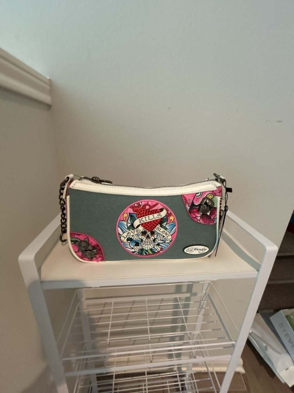 Ed Hardy Love Kills Slowly Shoulder Baguette Handbag Denim Blue Pink
